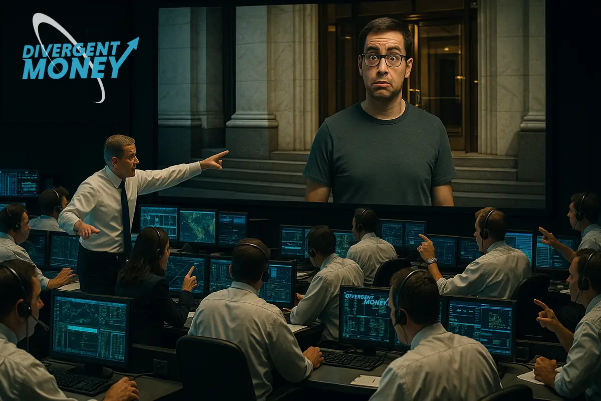 NASA Mission Control scene with engineers pointing at a giant screen showing a hesitant man in glasses outside a U.S. bank. Symbolizes ADHD money productivity as a high-stakes mission, turning small financial tasks like online banking or autopay setup into structured missions.