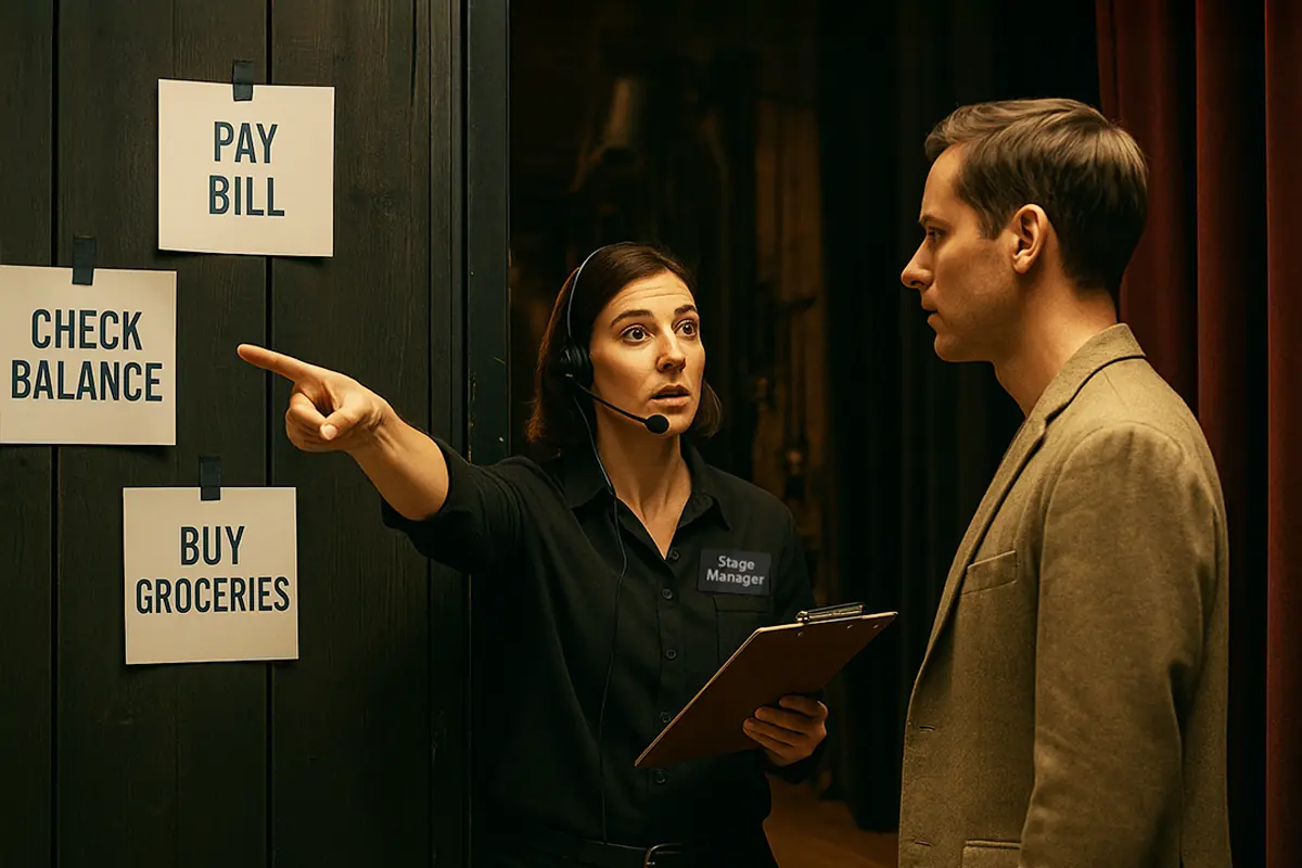 Stage manager with headset and clipboard directs a man toward a wall labeled with financial tasks — Pay Bill, Check Balance, Buy Groceries. ADHD-friendly productivity system showing externalized structure for managing money tasks in everyday U.S. life.