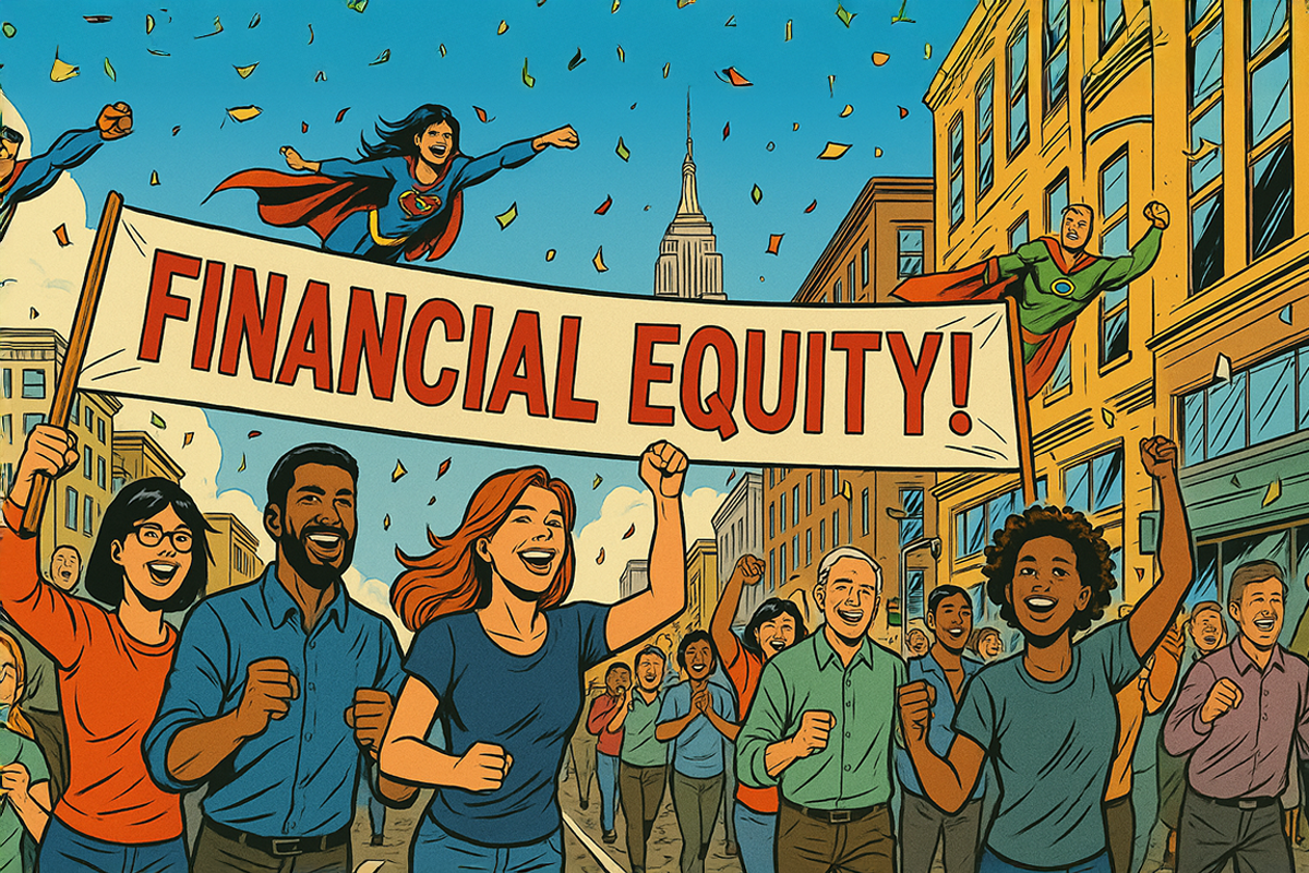 A comic book page of neurodivergent people marching triumphantly with a "financial equity!" banner with superheroes flying overhead.