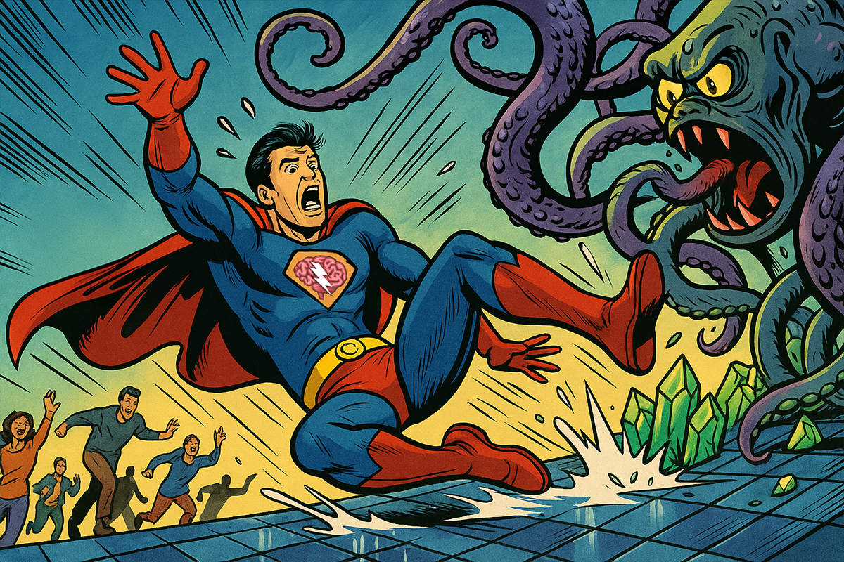 A superhero slips and looses his balance while trying to fight a monster.