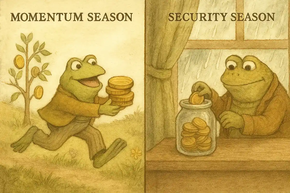 Frog rushes to plant coins in a money tree while Toad carefully stores coins in a jar indoors.