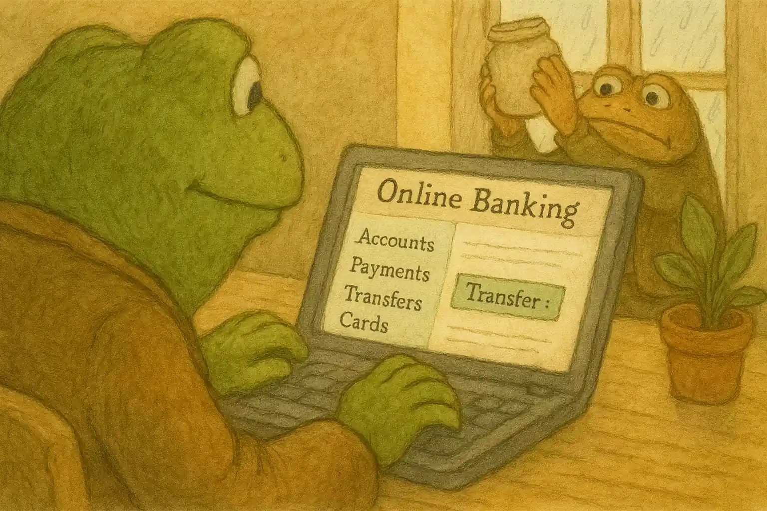 Frog happily sets up his finances on a laptop at a sunny desk with tea and a plant.