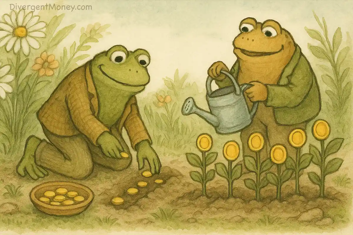 Frog plants coin seeds while Toad waters sprouted money plants in a sunny garden.