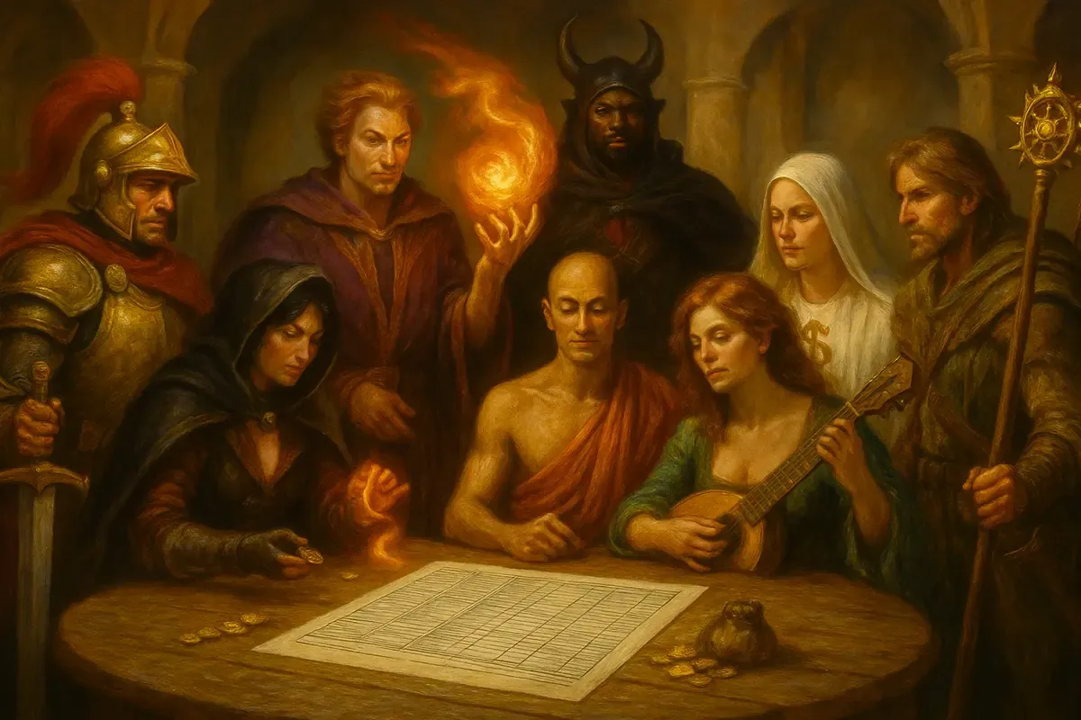 An oil painting in a high-fantasy style depicts eight adventurer archetypes—Paladin, Rogue, Sorcerer, Monk, Bard, Warlock, Cleric, and Ranger—gathered around a wooden table reviewing a spreadsheet. Golden coins are spread across the table. Each character represents a distinct budgeting style. The setting is a medieval stone chamber lit by candlelight.