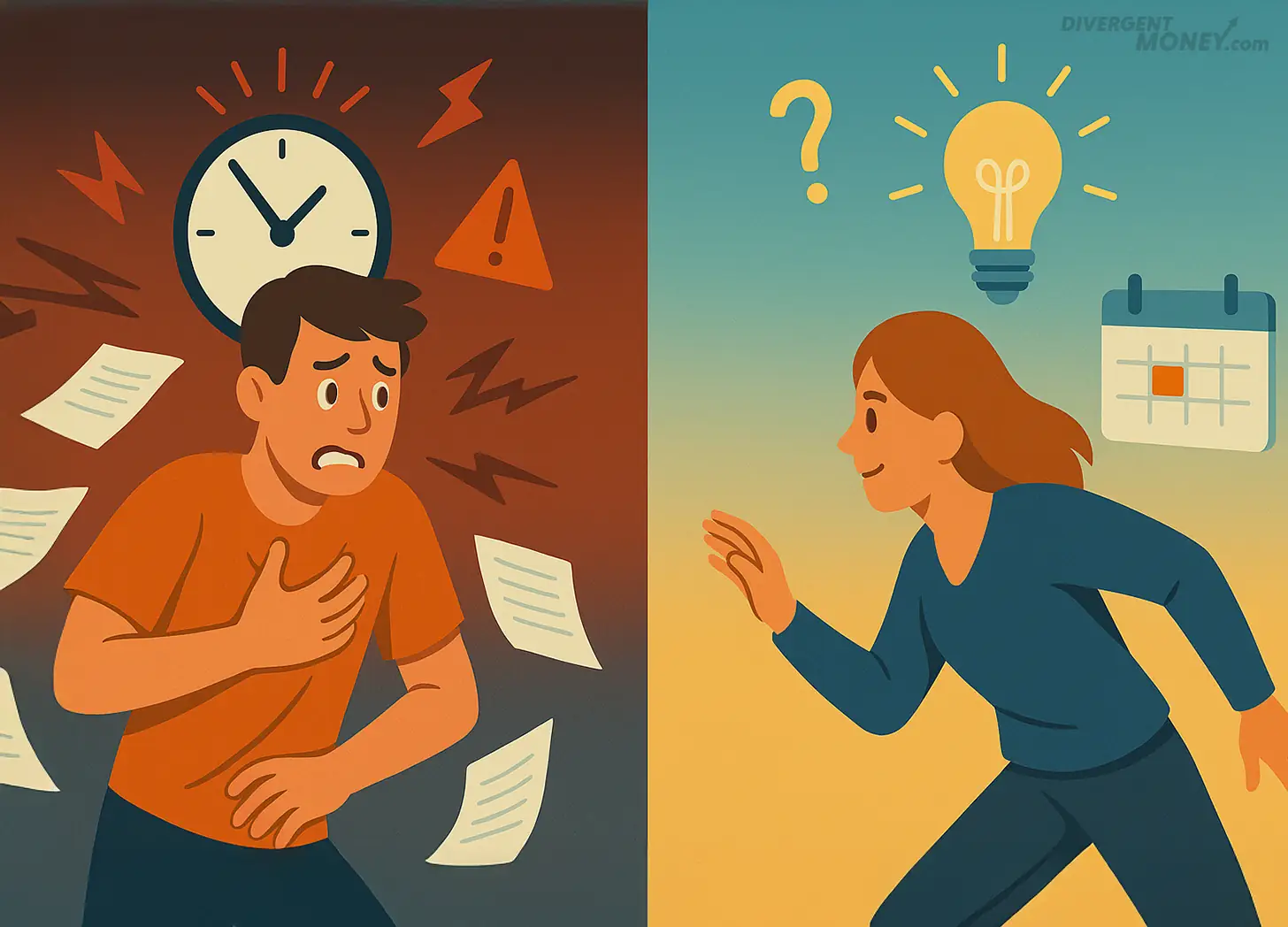 Split illustration contrasting urgency types: on the left, a stressed man under adrenaline urgency with clocks, alarms, and panic; on the right, a motivated woman fueled by dopamine urgency, reaching for ideas and progress — highlighting neurodivergent productivity differences.