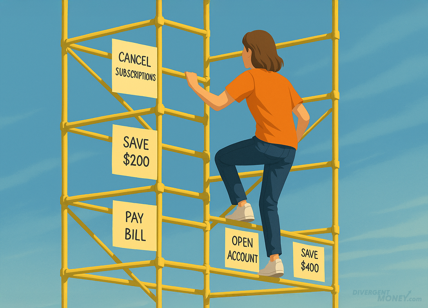 Flat illustration of a woman climbing a yellow scaffold labeled with financial tasks like cancel subscriptions, save $200, pay bill, and open account — visual metaphor for building scaffolds that help ADHD and neurodivergent brains succeed with money.