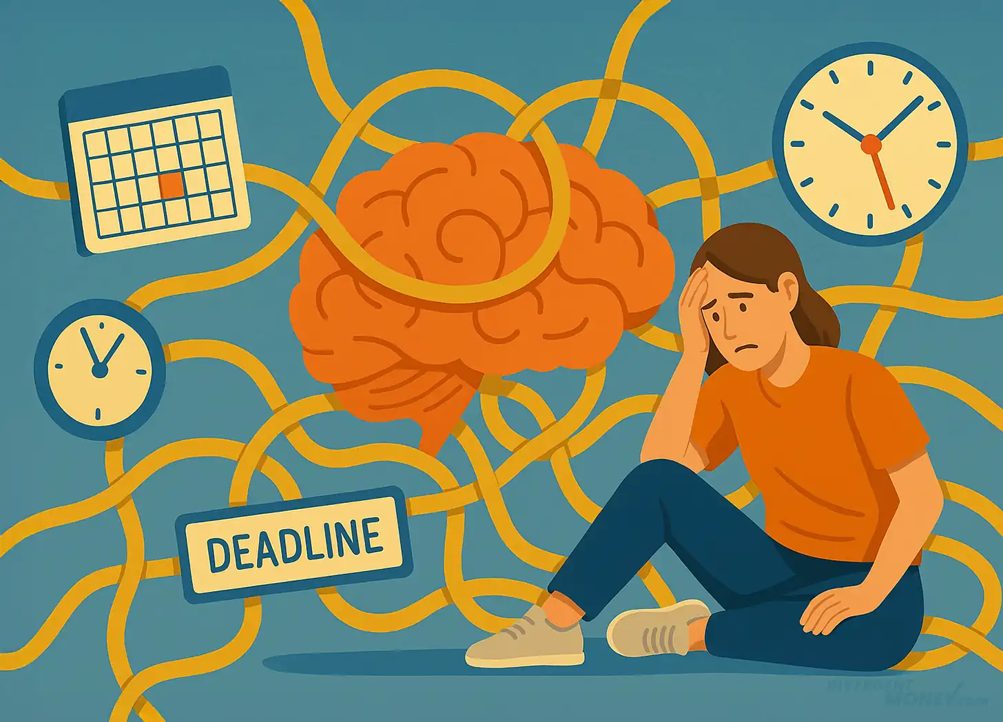 Digital illustration of a frustrated woman and an orange brain tangled in yellow ropes alongside clocks, calendar, and deadline signs — symbolizing how ADHD and AuDHD brains struggle with time systems and executive function.