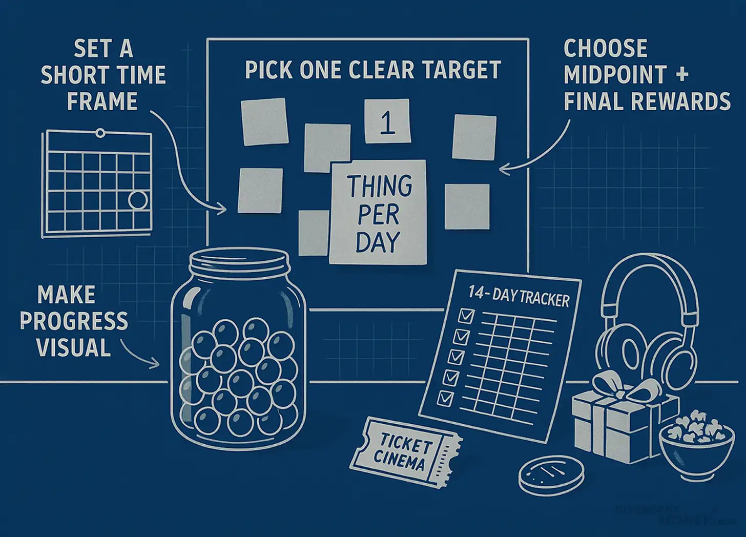 Blueprint-style infographic showing how to build a dopamine deadline: set a short time frame, pick one clear target, track progress visually, and choose midpoint and final rewards — ADHD productivity strategy for personal finance.