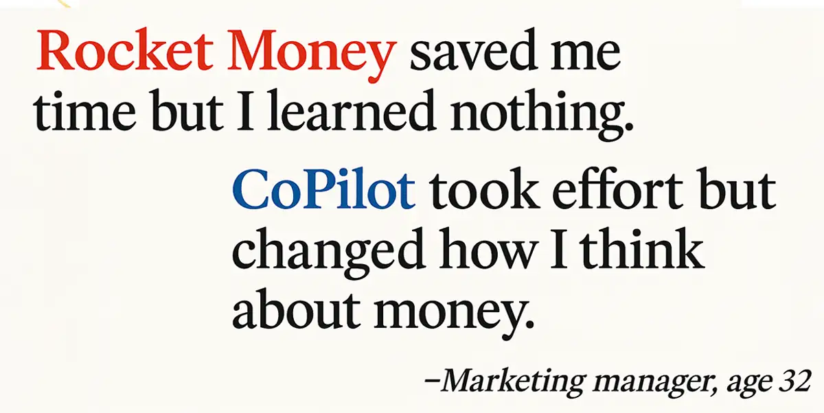image of text: Rocket Money saved me time but I learned nothing. CoPilot took effort but changed how I think about money." —Marketing manager, age 32