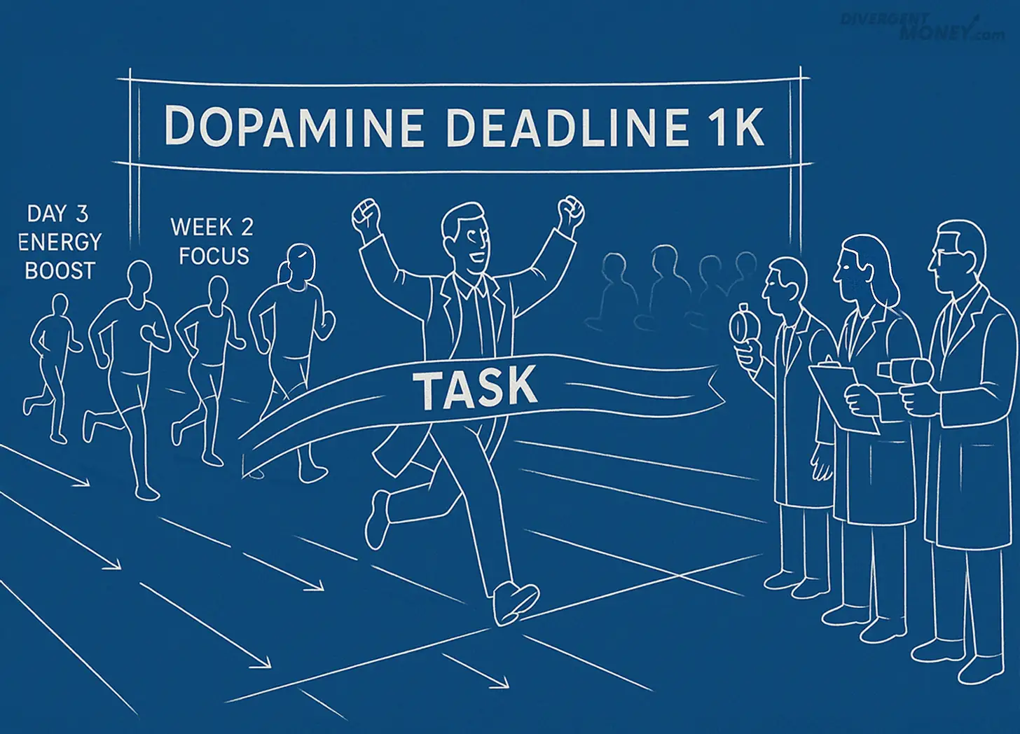Line-art blueprint of a runner crossing a finish line labeled Dopamine Deadline 1K Task, cheered on by scientists and teammates — metaphor for structured neurodivergent productivity challenges with clear rewards.