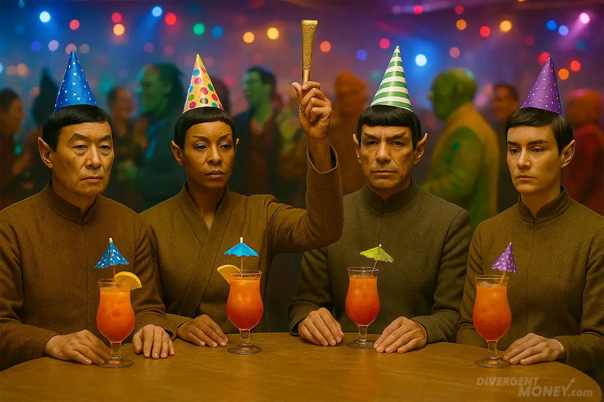 A group of Vulcans enjoy a night out using their "exception funds" to celebrate a milestone.