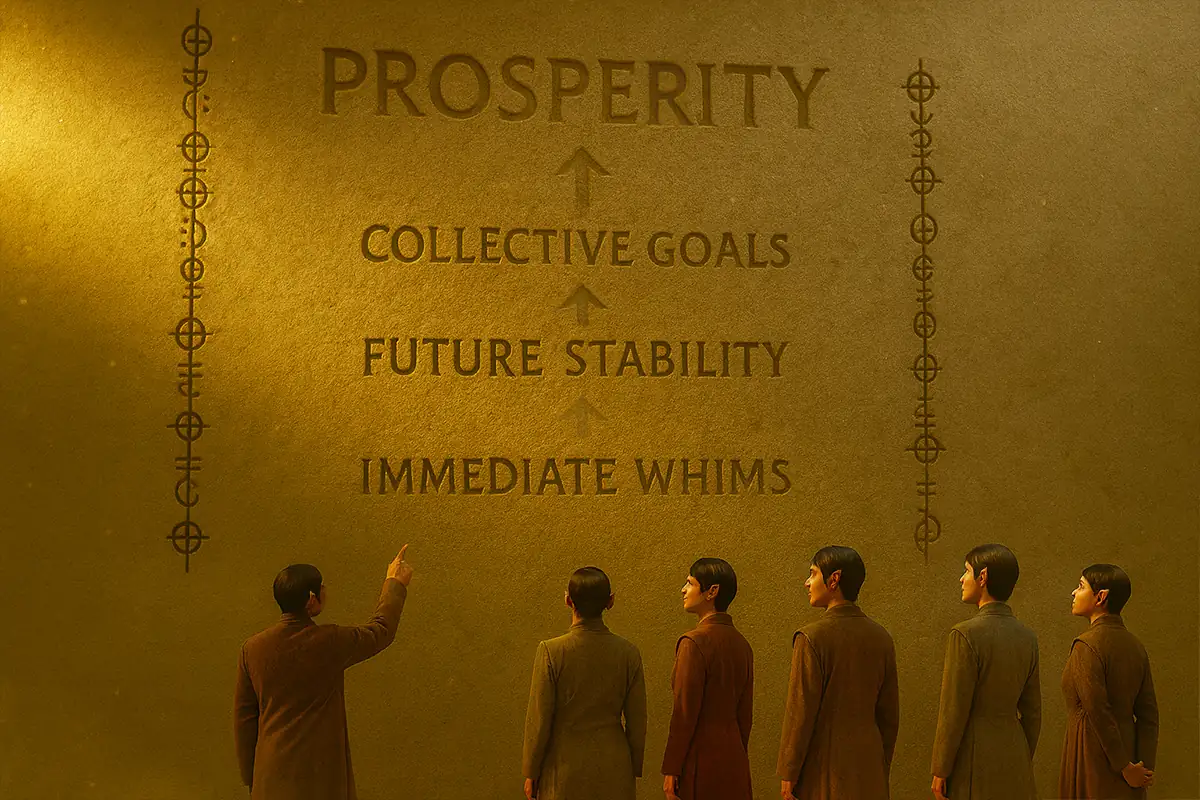 A minimalist infographic showing Vulcan financial priorities, where long-term stability outweighs short-term desires.