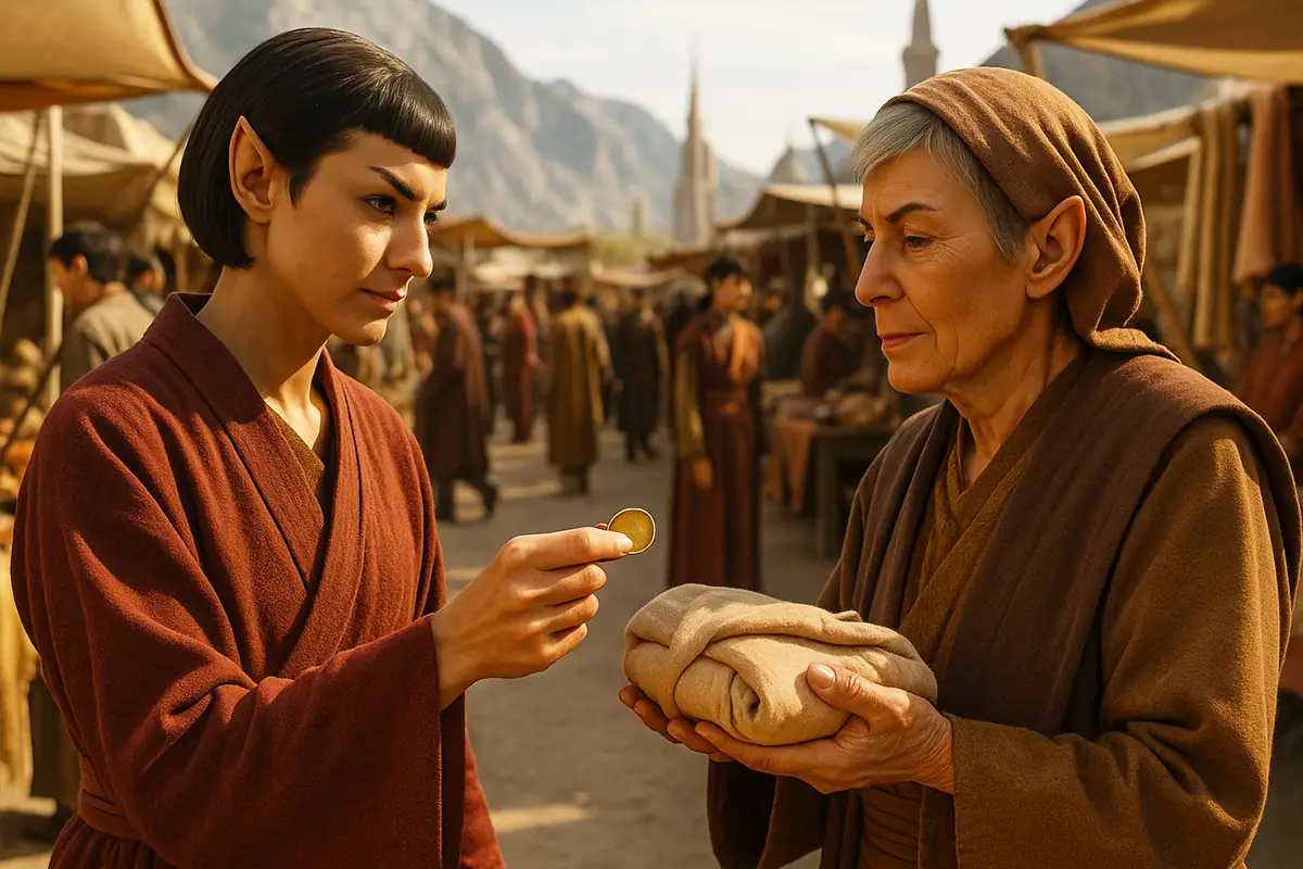 A Vulcan at an outdoor bazaar purchases an item from a vendor.