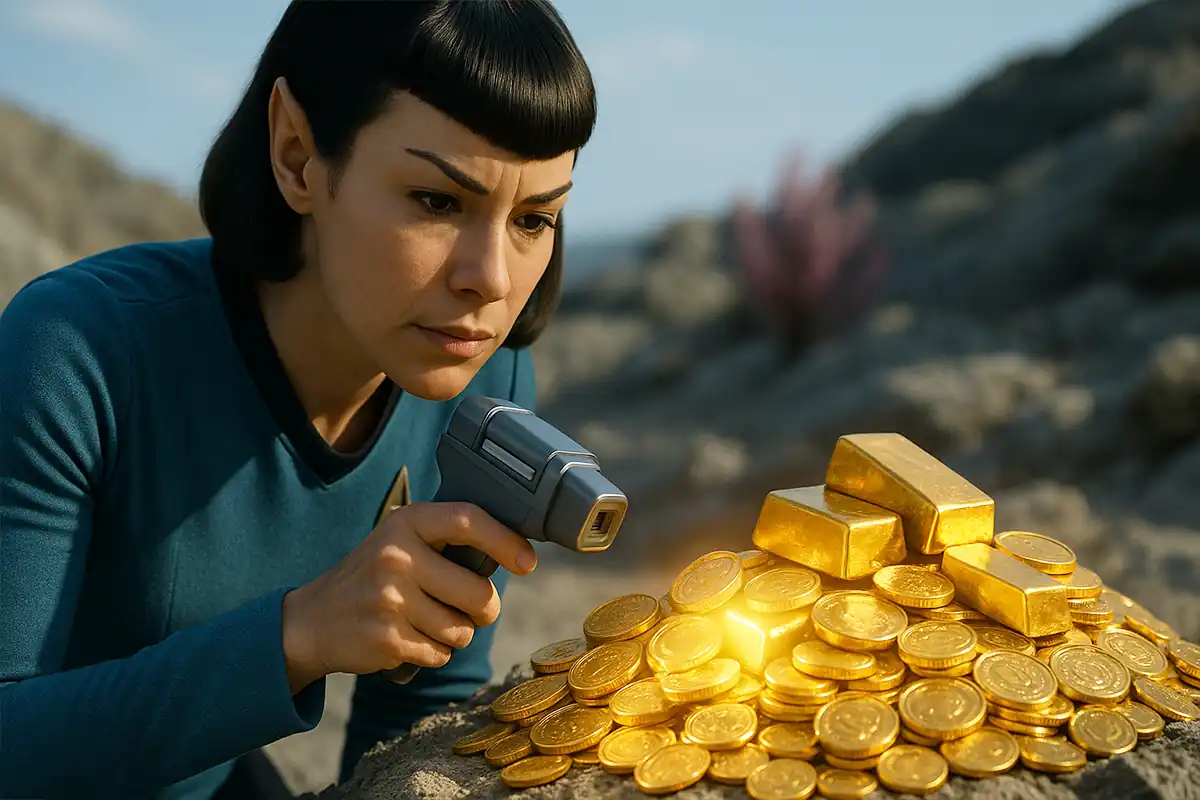 A Vulcan using a futuristic scanner to examine a pile of alien gold coins.