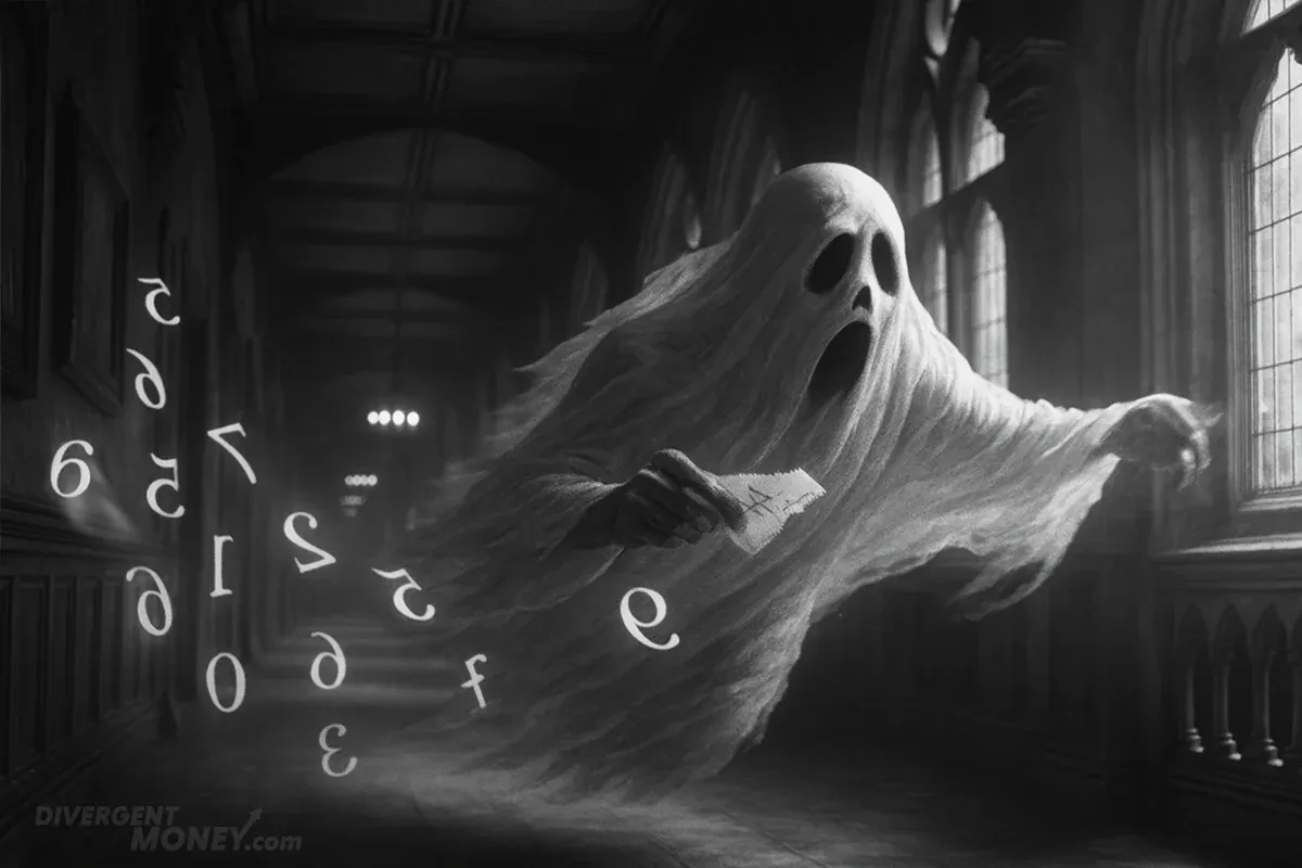 A black and white image of a dyscalculic ghost chasing numbers through the hallway.