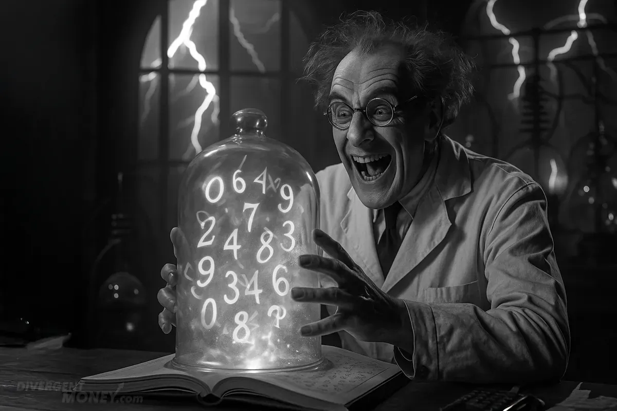 A mad scientist in a black and white movie, with numbers captured in a bell jar experiment.