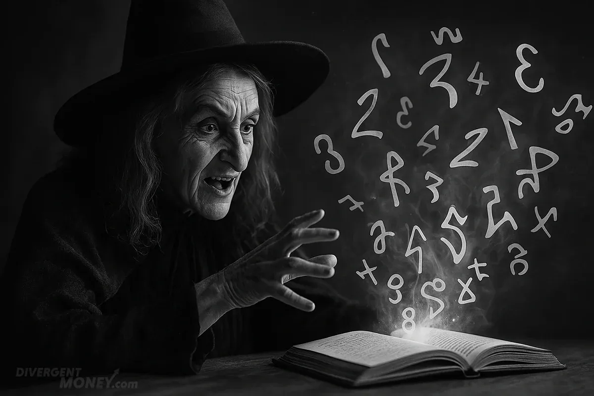 A black and white image of a witch conjuring strange numbers from a book.