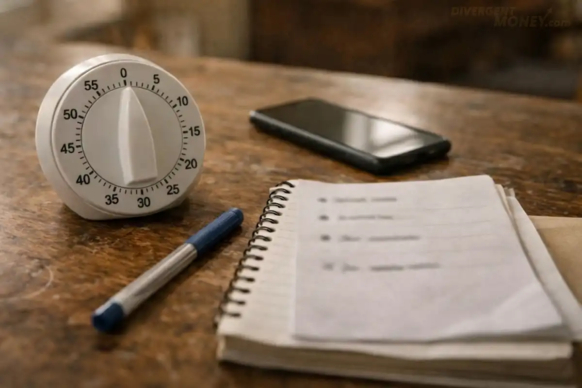 Natural daylight photo of a basic kitchen timer set to 25 minutes on a scratched wooden table. Next to it: a notebook with four faint, unreadable bullet marks, a cheap pen, and a smartphone face down.