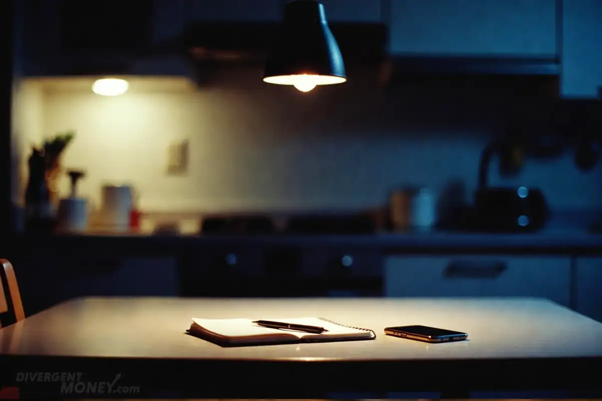 Kitchen table at night lit by a single lamp, with a notebook, pen, and a smartphone placed face down, creating a quiet, reflective workspace.
