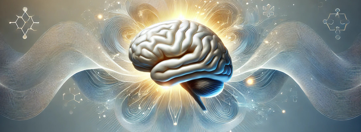 A glowing human brain floats in the center of an ethereal, futuristic digital neurodiverse landscape.