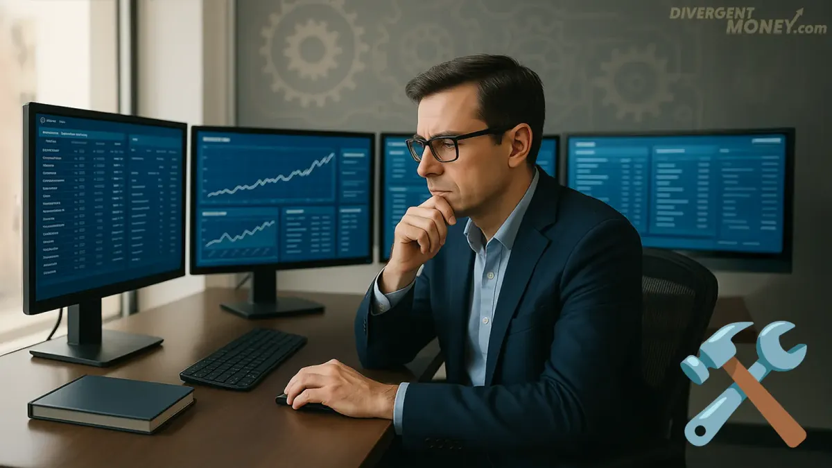 Focused financial analyst in a modern office reviewing data on multiple monitors displaying charts, graphs, and budget reports.