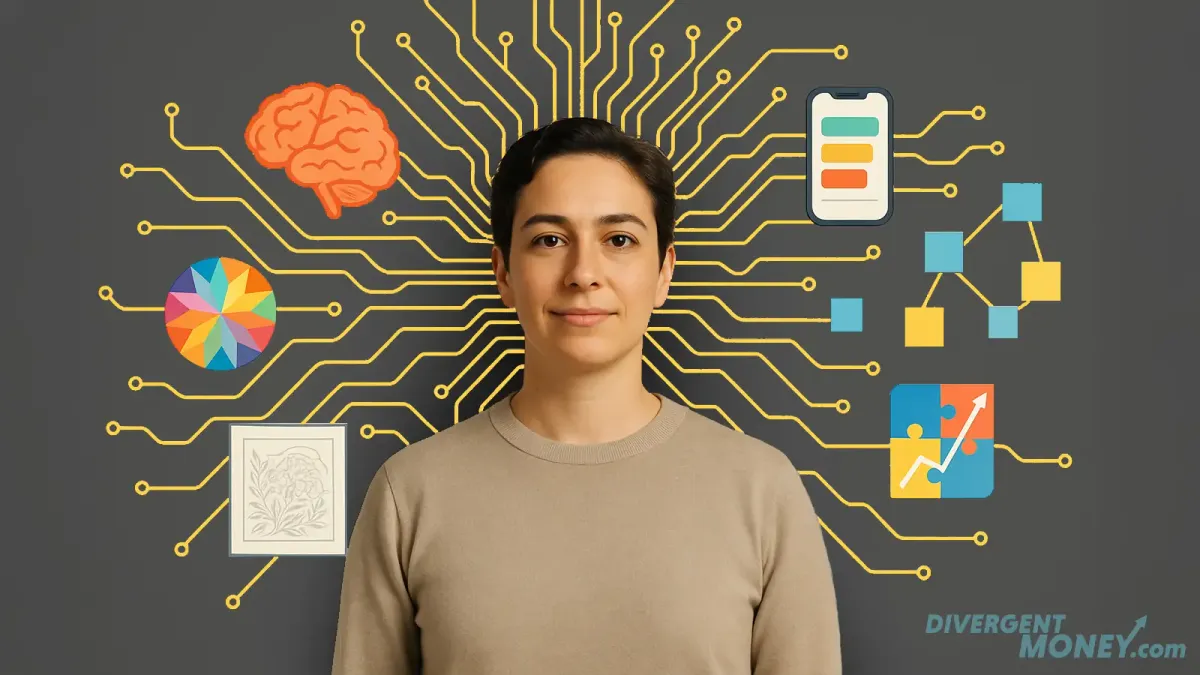 Confident neurodivergent person with glowing neural circuits radiating from their head, connecting to icons of a brain, kaleidoscope, budget app, puzzle graph, and creative sketch.