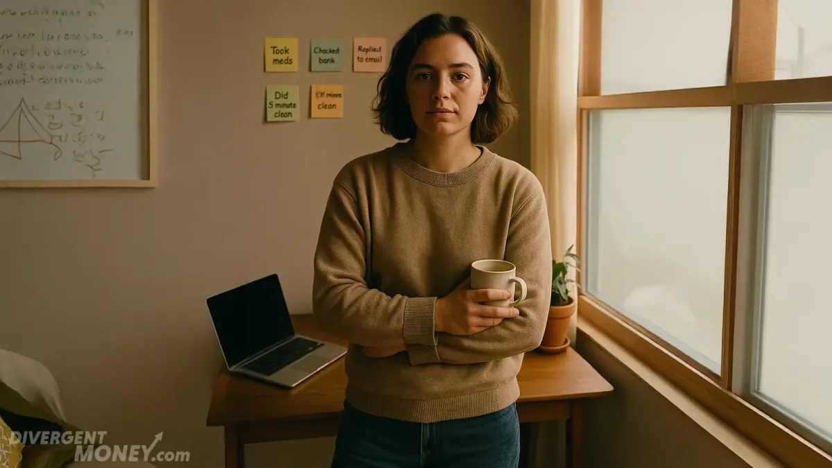 Person standing confidently with a coffee mug in a cozy home office, surrounded by sticky notes showing small wins like "Took meds" and "Checked bank" — ADHD productivity system.