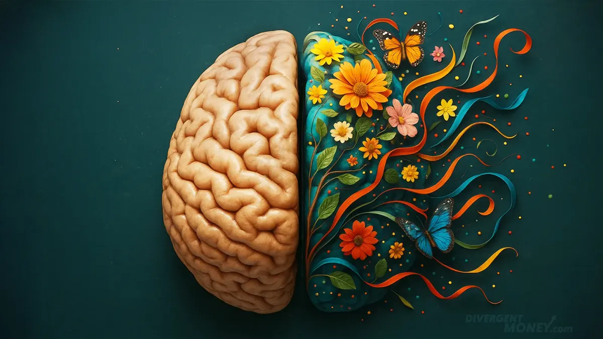 A lifelike brain split in half: the left side is realistic and organic, while the right side bursts with flowers, butterflies, and swirling ribbons on a deep teal background.
