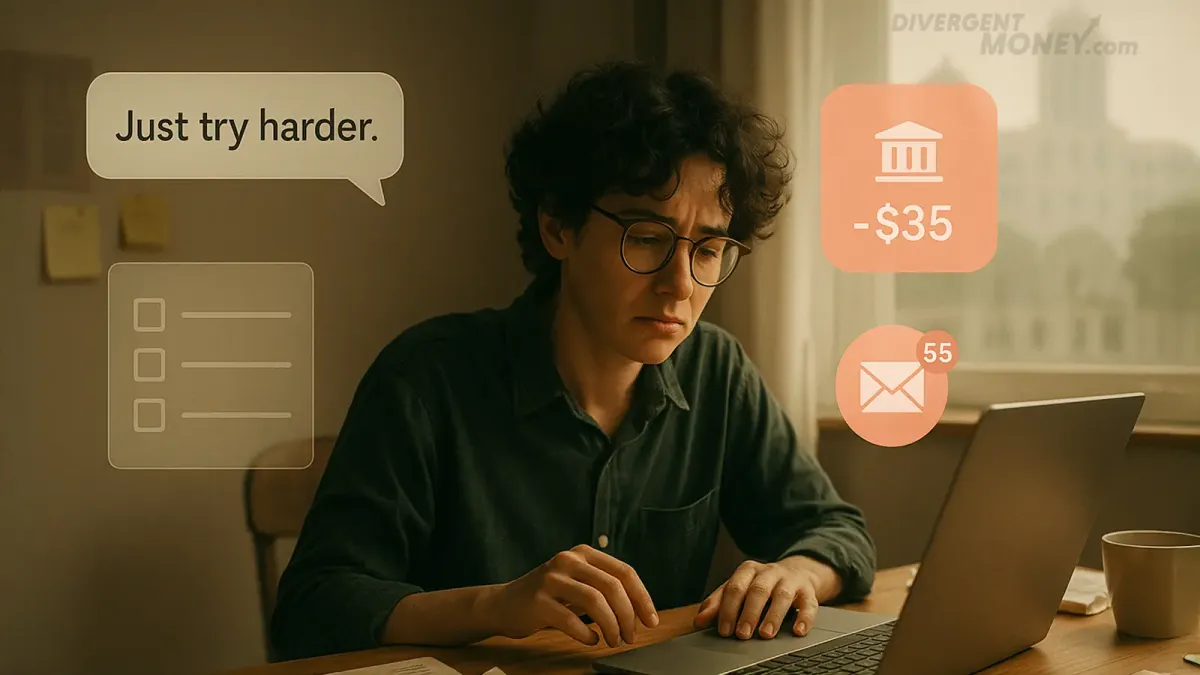 A person struggling with countless microtraumas and judgements sitting in front of a computer, overwhelmed by negative information.