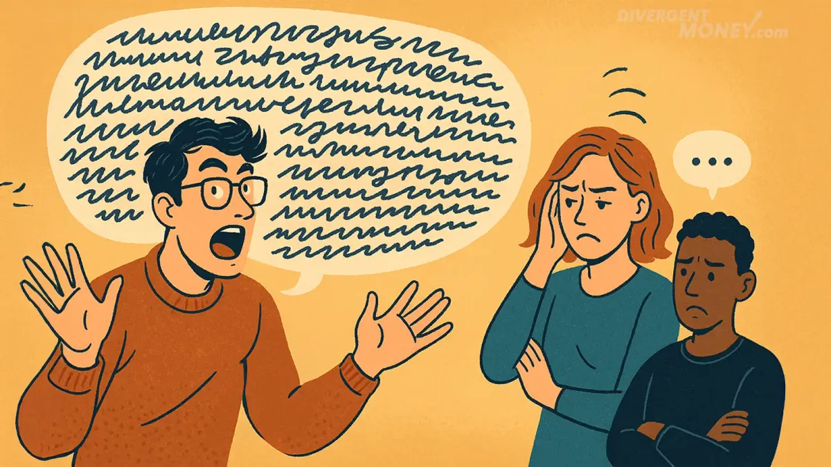 A hyperverbal person expressing themselves to a small group of frustrated people trying to engage.