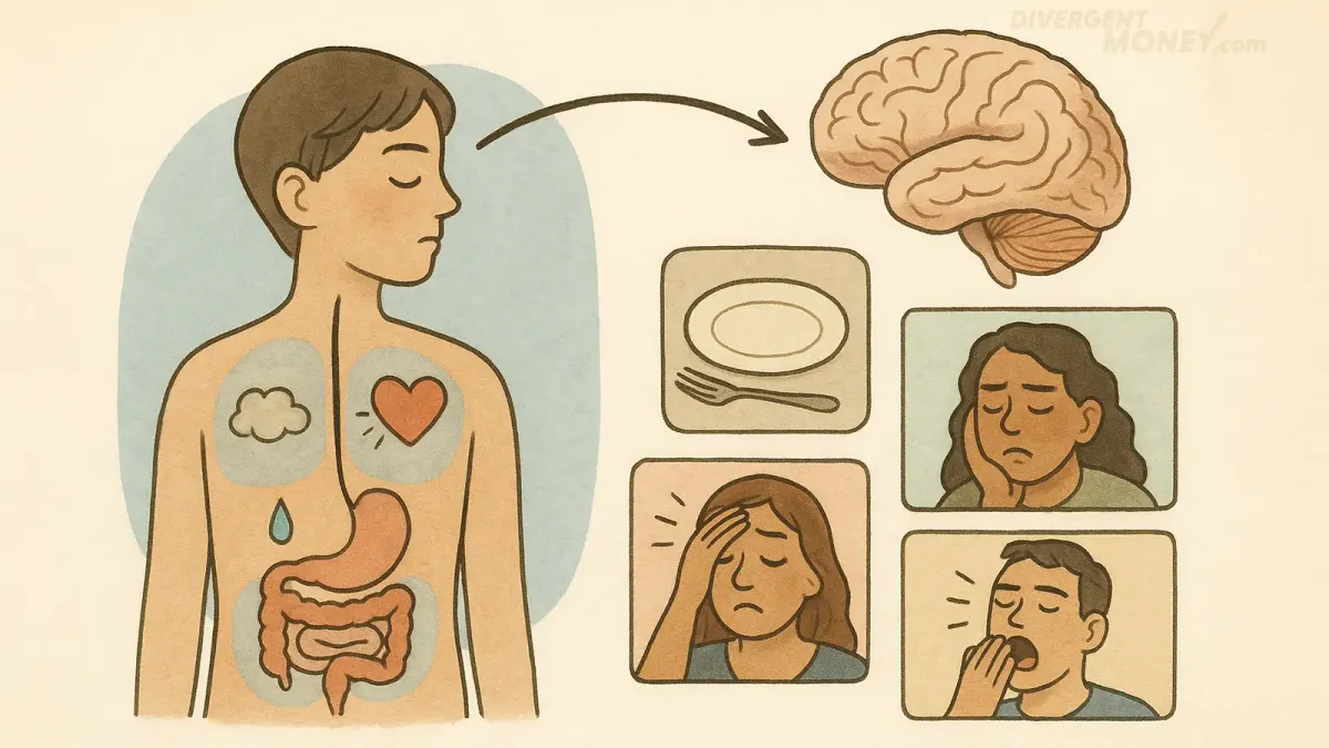 Hand-drawn diagram showing how internal body signals like hunger, fatigue, and emotion connect to the brain, highlighting interoception in a warm, accessible illustration.