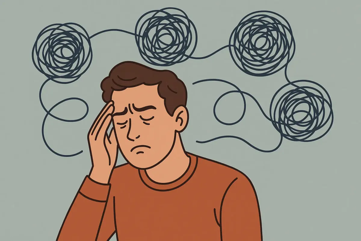 An illustration of a man struggling with many looping thoughts.