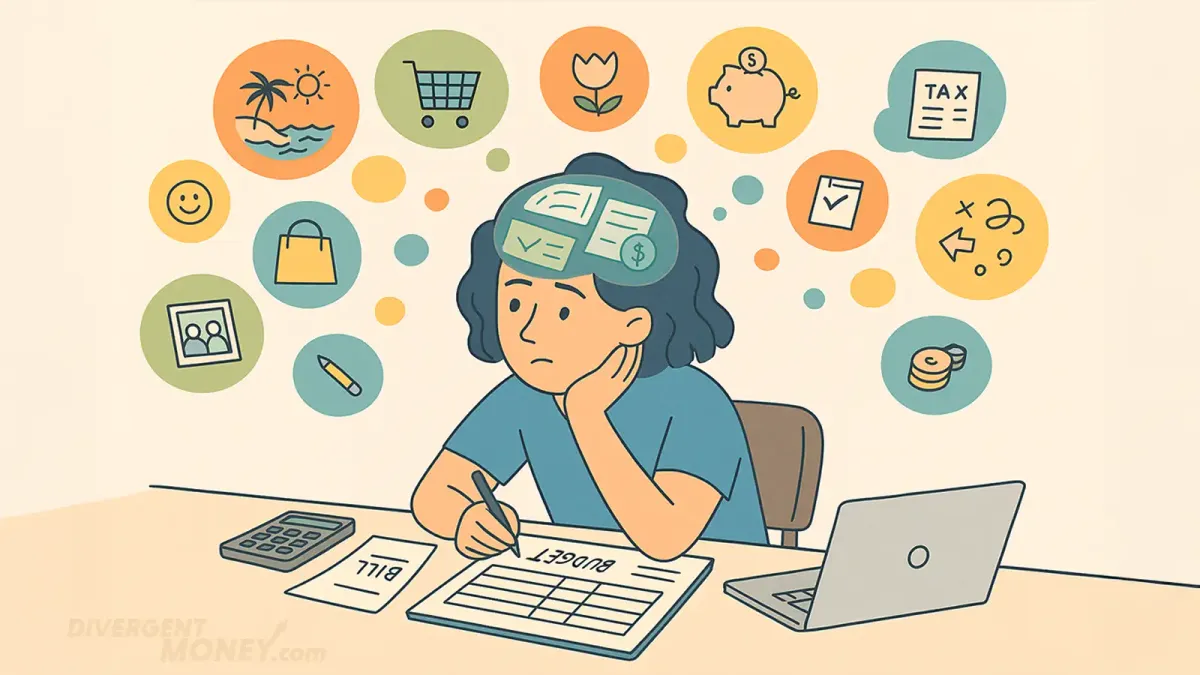 Illustration of a woman trying to work on budgeting while her mind wanders to other tasks.