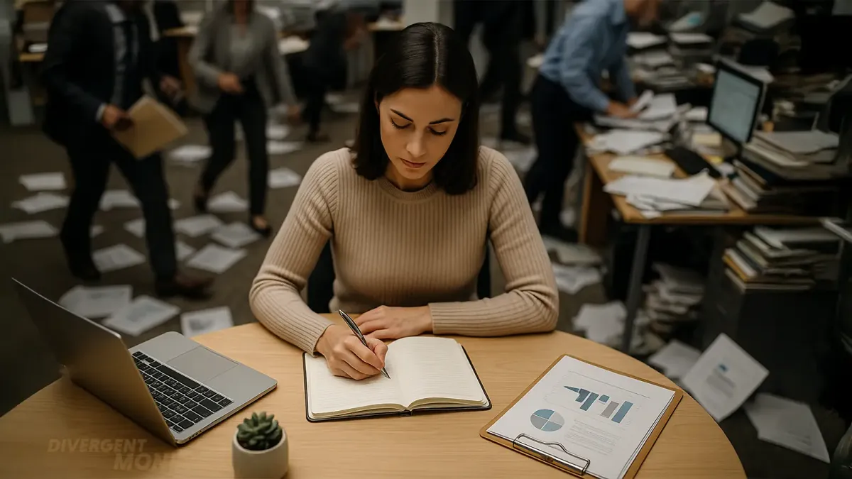 Photo of a woman calmly journaling at a round desk with a subtle cutout, surrounded by blurred coworkers and scattered papers in a chaotic office environment.