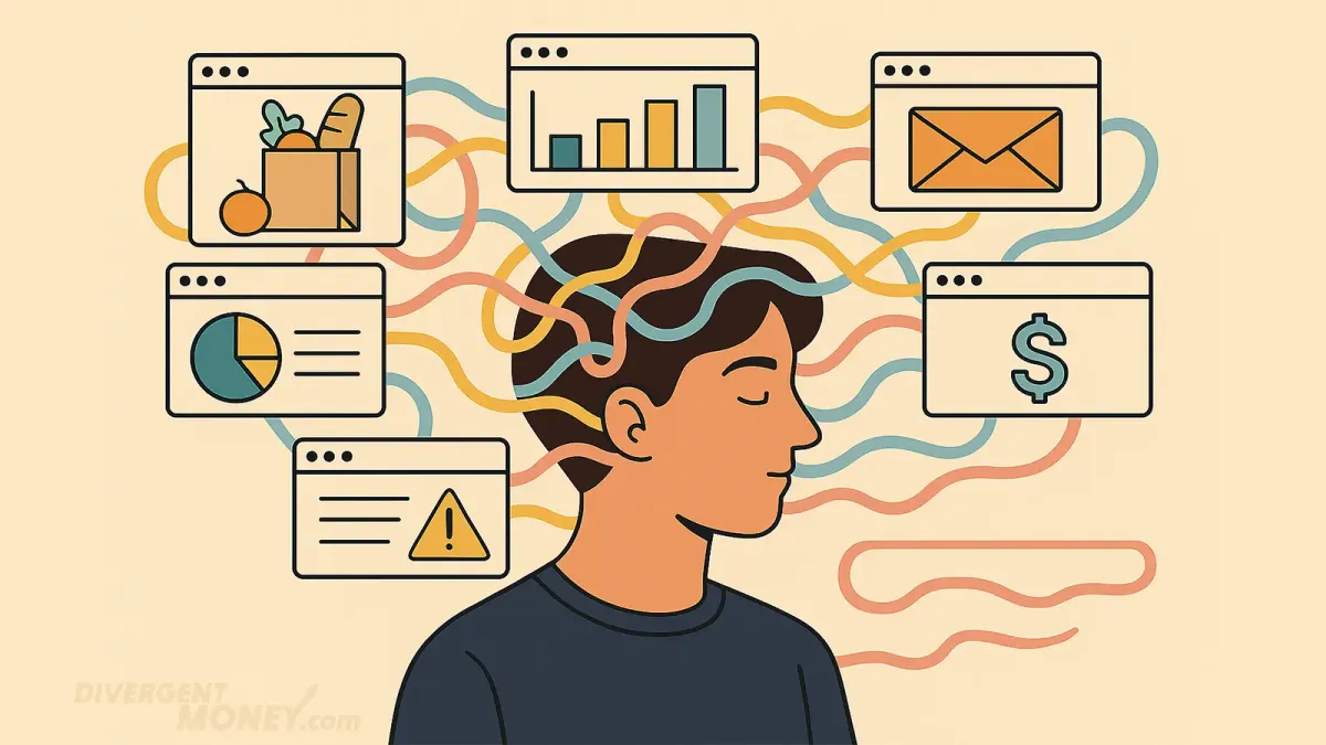 A calm person sits surrounded by browser windows showing icons like groceries, charts, and alerts, with colorful lines symbolizing multitasking and mental load.