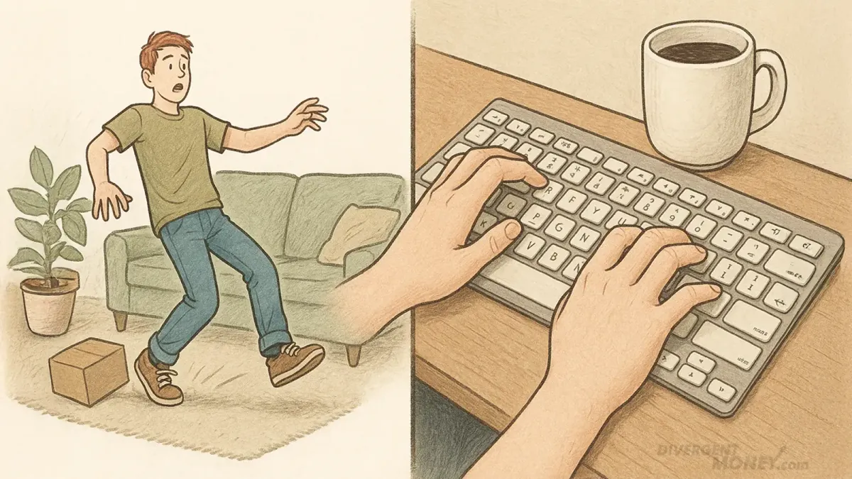 Split illustration showing a man stumbling over a box in a living room on the left, and close-up hands typing on a keyboard with a coffee mug on the right, highlighting proprioception.