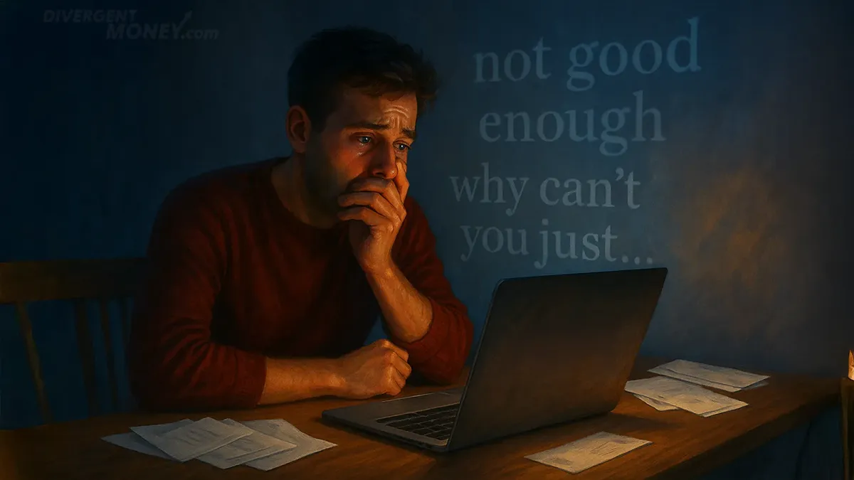 Painting of a man suffering from Rejection Sensitive Dysphoria reading through emails.