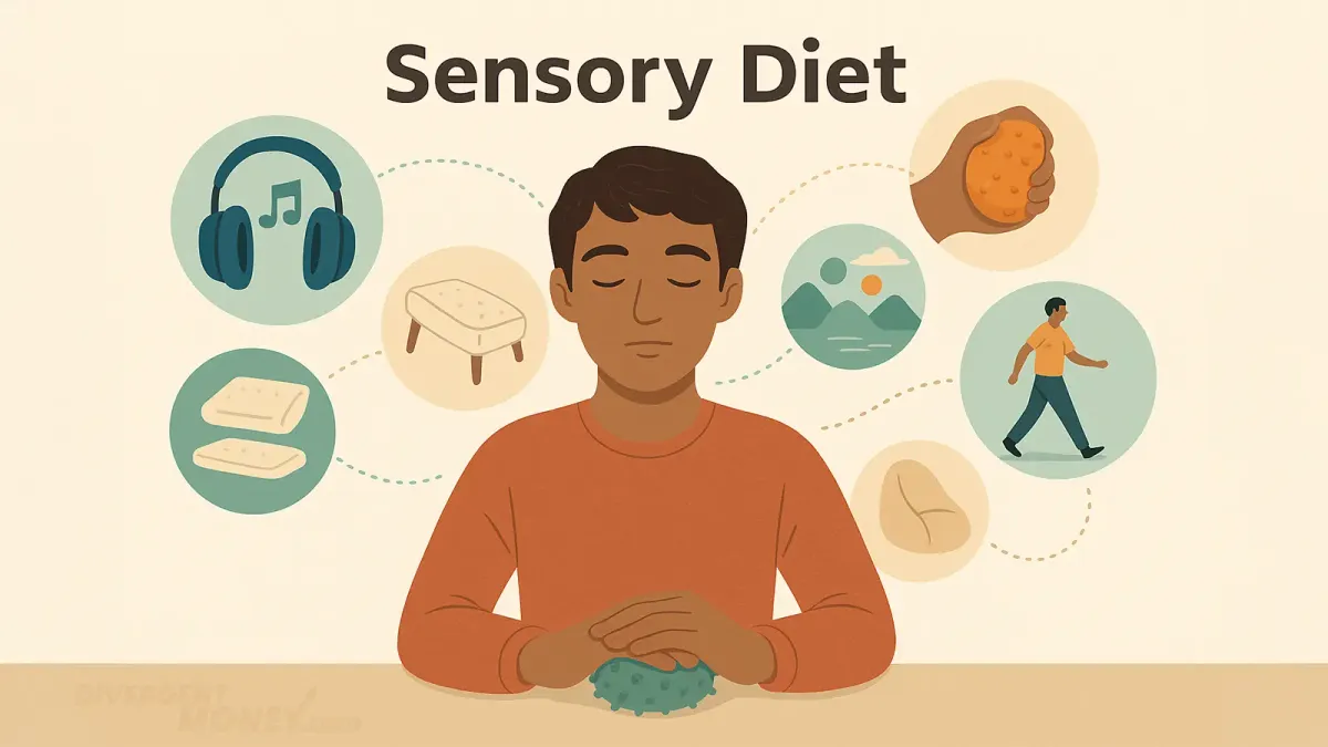 Illustration of a man focusing on calming thoughts while pressing down on a stim device.