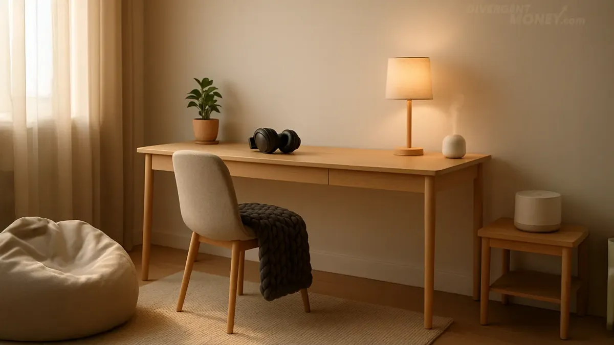 A photo of a sensory-friendly environment, simple, not cluttered, warm lighting.