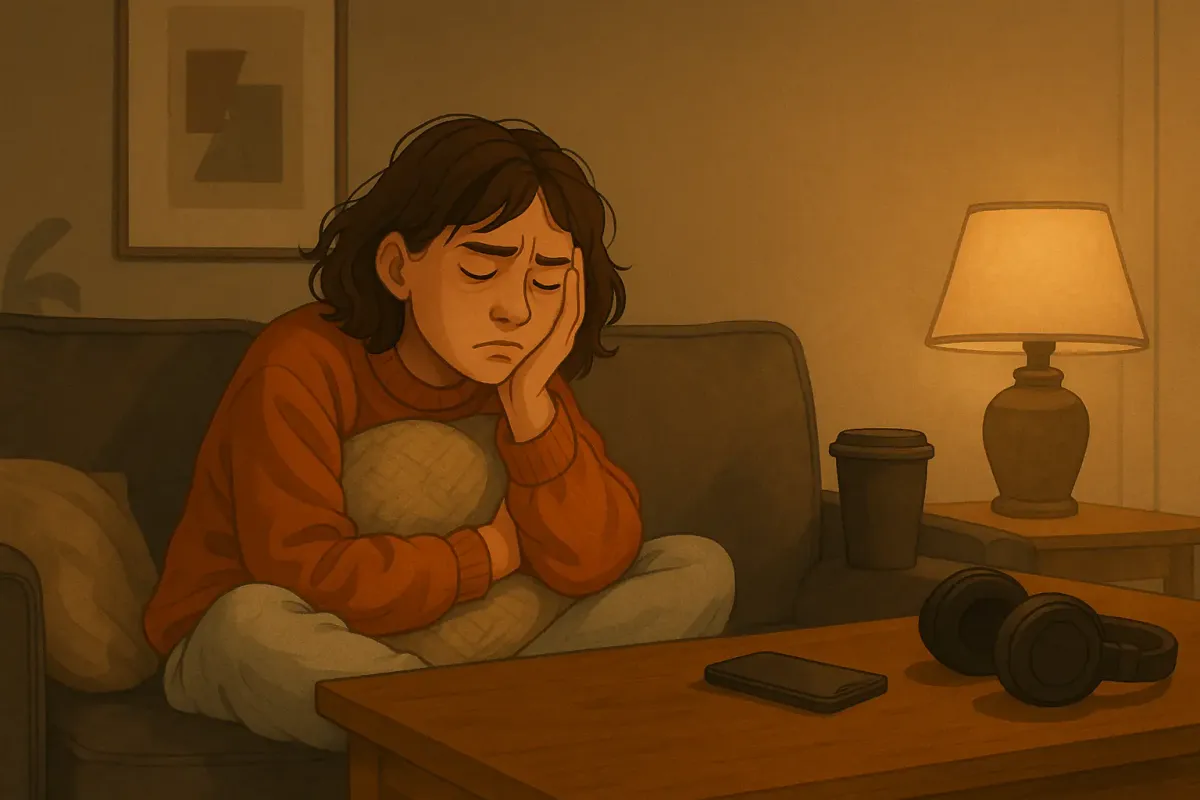Illustration of a person at home, exhausted from the mental effort of engaging with others.