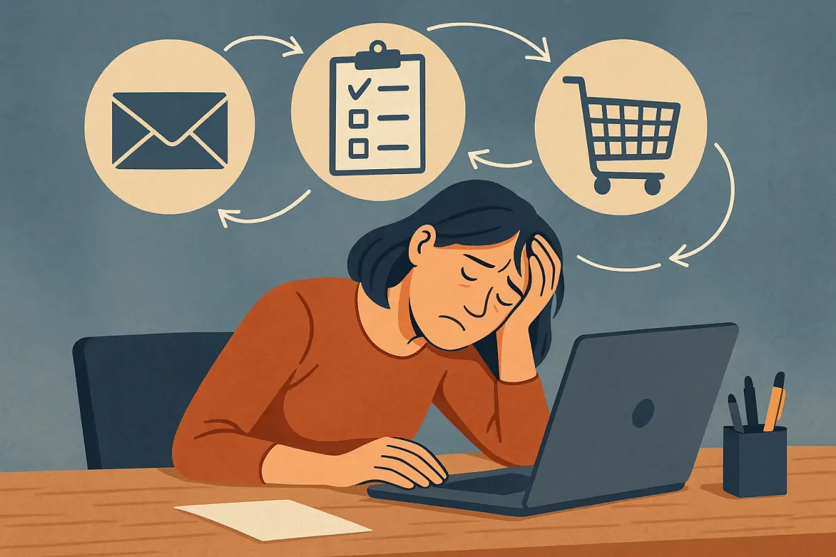 An illustration of a woman, mentally exhausted from jumping between cognitive tasks.