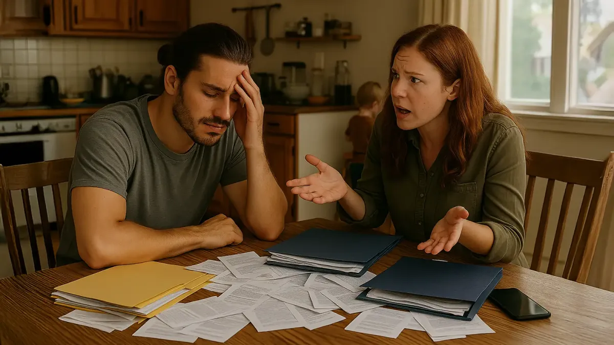 A COUPLE IN A MESSY KITCHEN, WITH A KID IN THE BACKGROUND, BILLS SCATTERED, ONE PARTNER HOLDING THEIR HEAD, THE OTHER SPEAKING. TENSION, OVERWHELM, LIFE HAPPENING.
