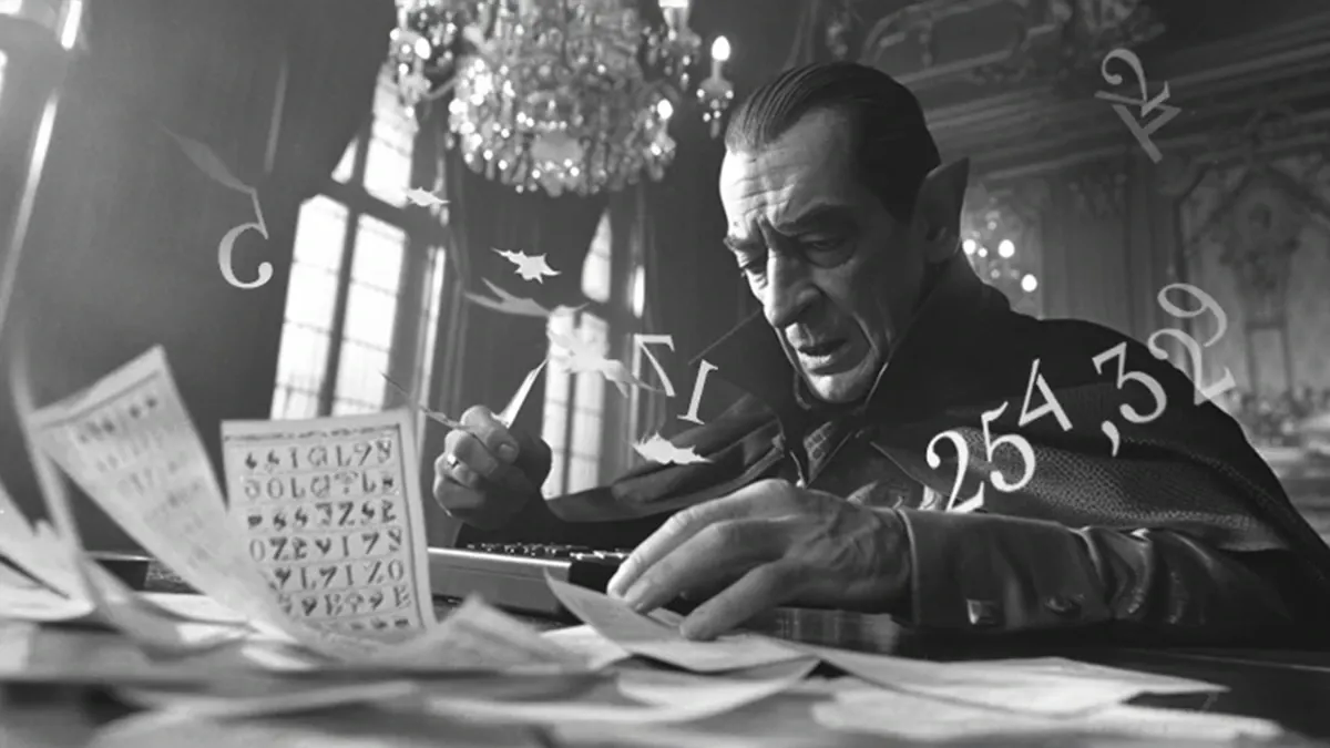 A gothic figure hunched over receipts surrounded by ghostlike numbers a metaphor for the confusion of dyscalculia.