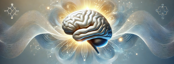 A glowing human brain floats in the center of an ethereal, futuristic digital neurodiverse landscape. 