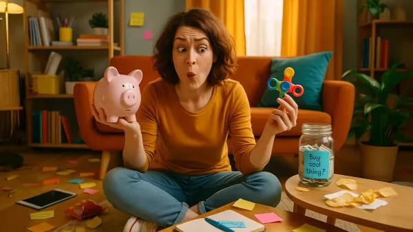 A young adult with ADHD surrounded by distractions, holding a piggy bank and fidget toy, deciding whether to save or spend in a cozy, slightly messy room filled with visual cues.