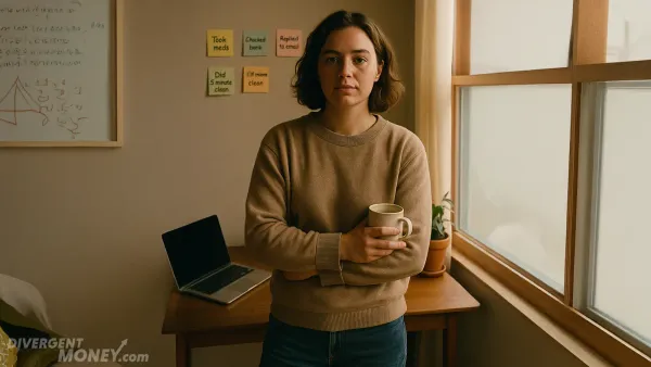Person standing confidently with a coffee mug in a cozy home office, surrounded by sticky notes showing small wins like "Took meds" and "Checked bank" — ADHD productivity system.
