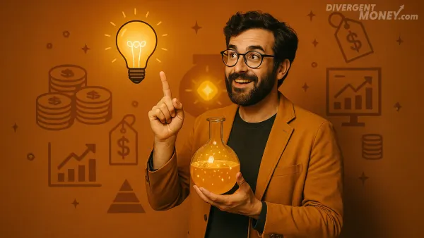 An Idea Alchemist holding a sparkling flask of money making magic.
