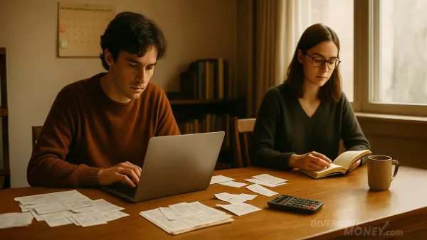 Two people working side by side, each accomplishing a task, a man filing paperwork on the computer and a woman reading a book with a cup in front of her.