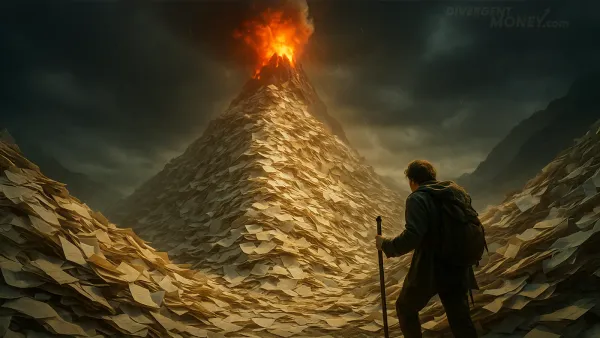 Cinematic image of a lone figure climbing a towering mountain of papers toward a fiery peak—symbolizing the overwhelming stress of doom piles.