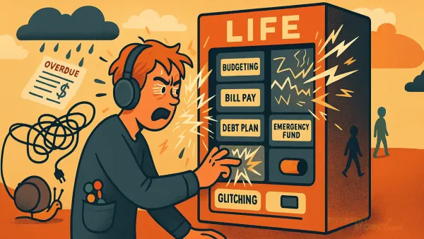 A frustrated person presses buttons on a glitching “LIFE” vending machine labeled with financial tasks like “Budgeting” and “Debt Plan,” surrounded by visual metaphors of overwhelm.